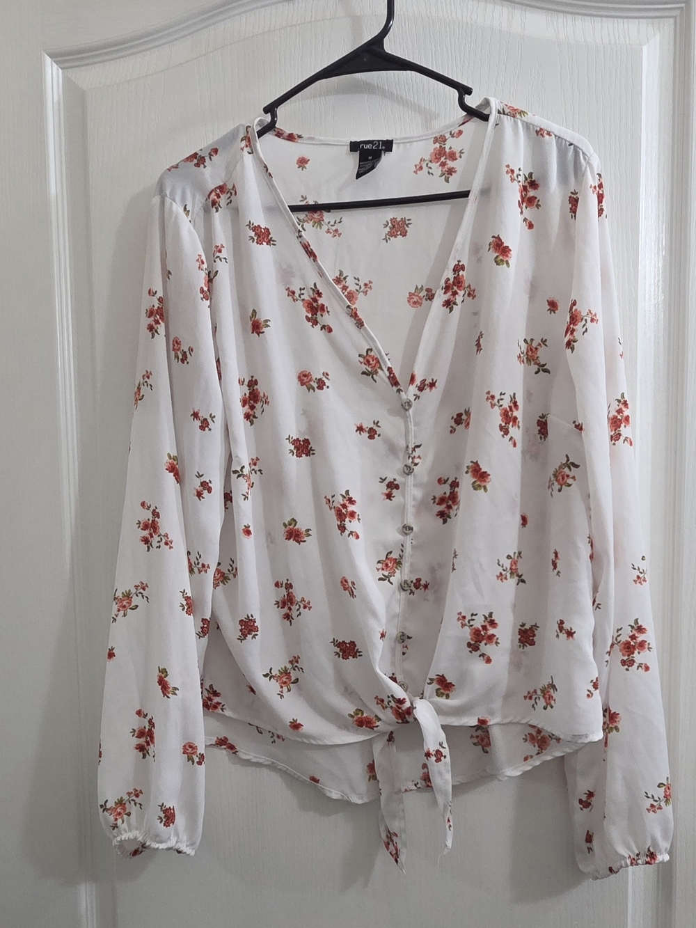 Rue21 White Blouse with Pink Floral Print and Front Tie